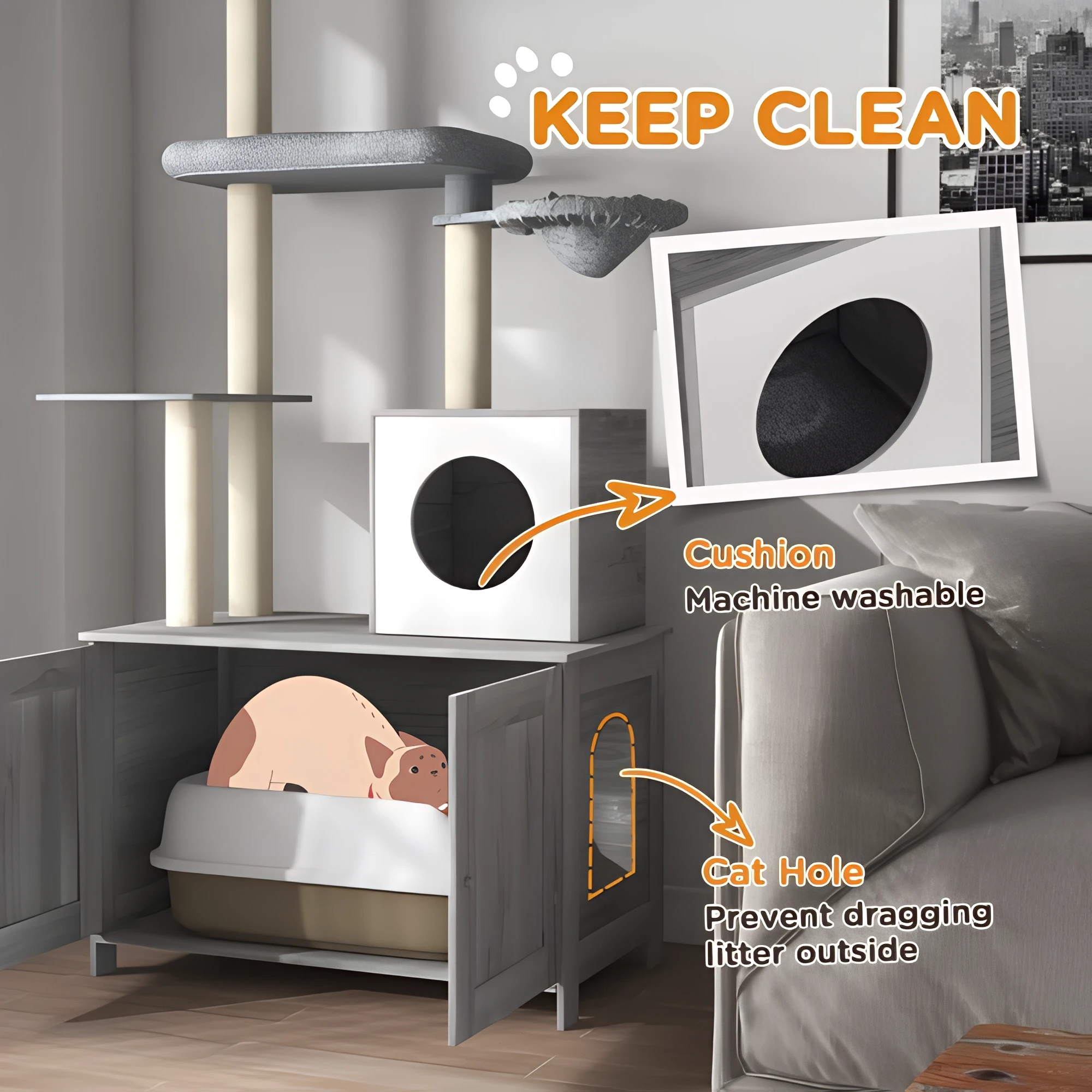 2-in-1 Modern Cat Tree with Hidden Litter Box – Space-Saving Floor-to-Ceiling Tower - Whiskers and Wags