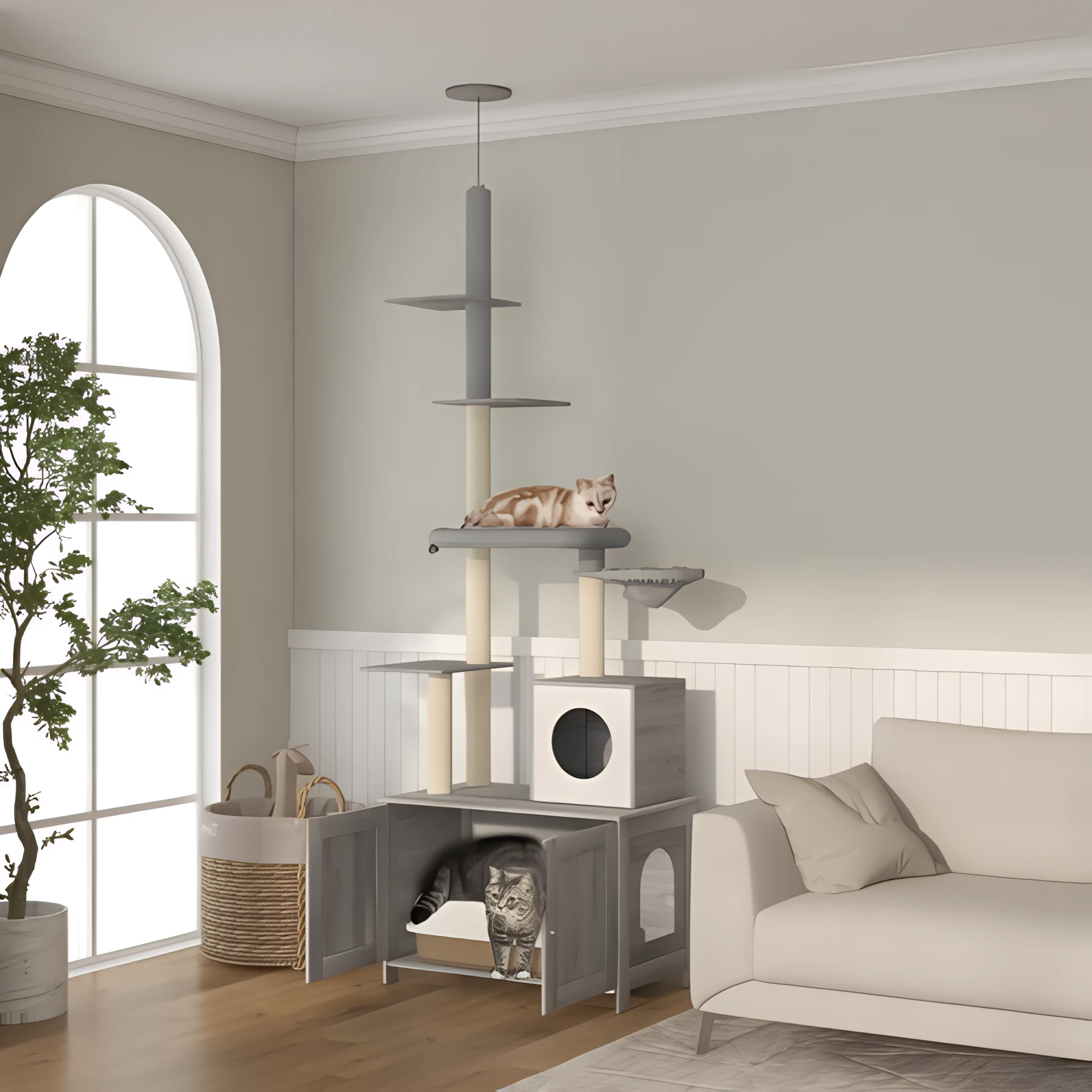 2-in-1 Modern Cat Tree with Hidden Litter Box – Space-Saving Floor-to-Ceiling Tower - Whiskers and Wags